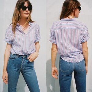 Xirena Channing Striped Button Down Short Sleeve Blouse